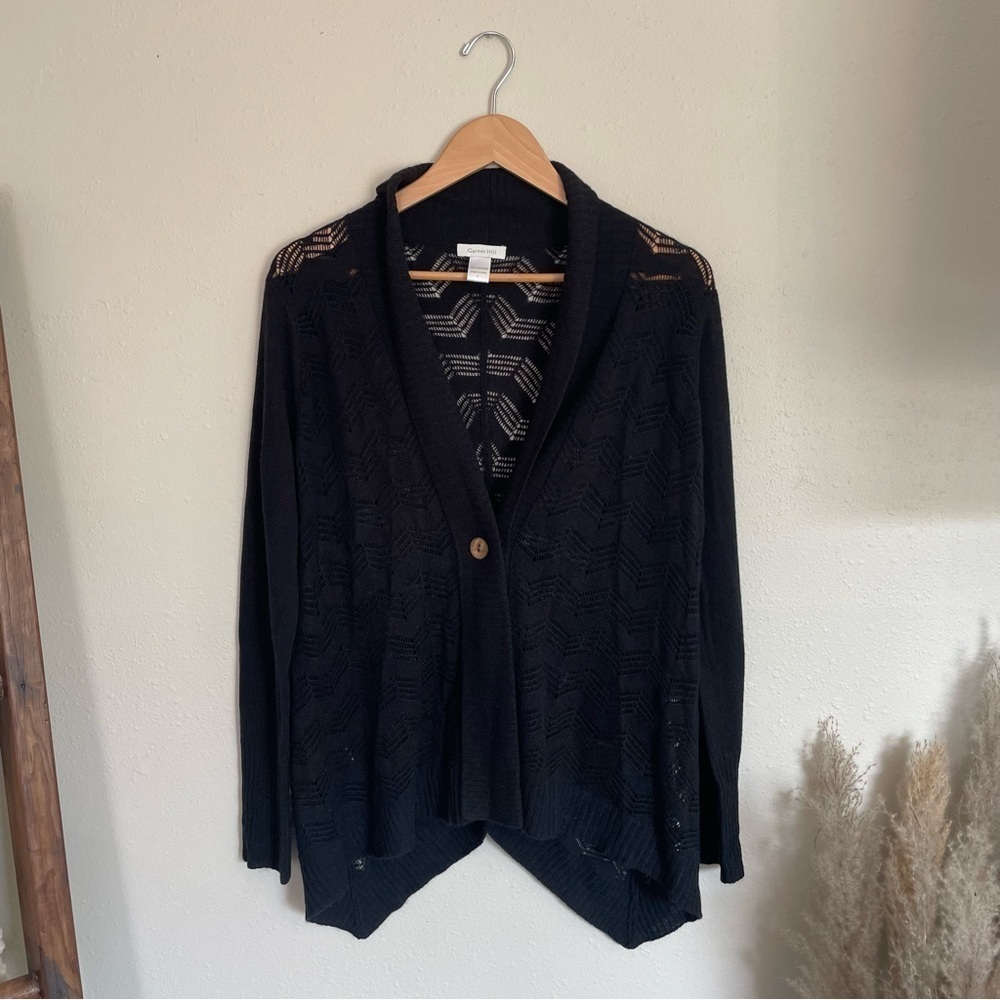 Garnet Hill | Cashmere Lightweight Crochet Knit Black Cardigan Sweater